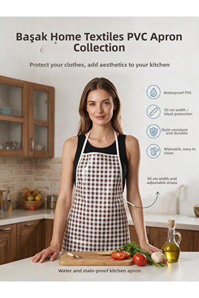 Başak Ev Tekstili Brown Gingham Waterproof Pvc Oilcloth Apron - 1 Piece 50 cm...