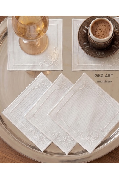 gkzglass home dekor 6 Linen Fabric Embroidered Coffee Side Cocktail Napkins &...