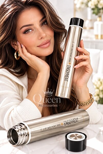 QUEEN AKSESUAR Luxury Silver Gray Shiny Metallic Slim Thin Long Steel Thermos...