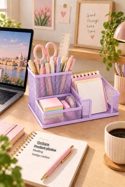 Daks Metal 3-Compartment Desktop Organizer Pen Holder and Stationery Organizer - Purple