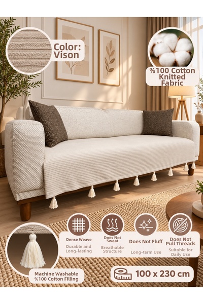 DOĞA EV TEKSTİLİ Doğanın Tüm Renkleri 100% Cotton Knitted Tassel Sofa Cover 1...