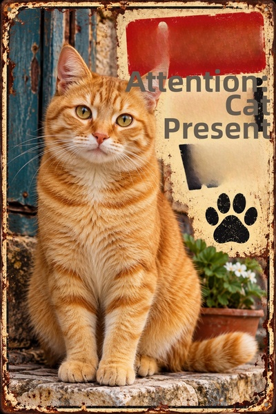 Lucena Attention There Is a Cat Gold Color Cat Retro Metal Wall Sign 20X30 cm