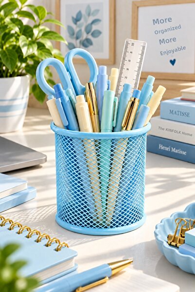 Daks Metal Mesh Pen Holder – Desktop Pen and Stationery Organizer - Blue