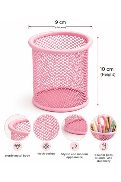 Daks Metal Mesh Pen Holder – Desktop Pen and Stationery Organizer - Pink