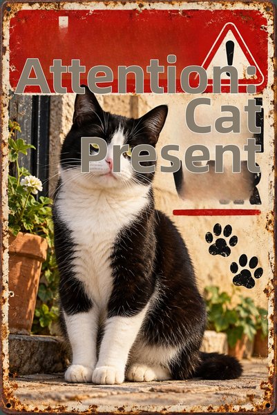 Lucena Caution There Is a Cat Black and White Cat Retro Metal Wall Sign 15X20 cm