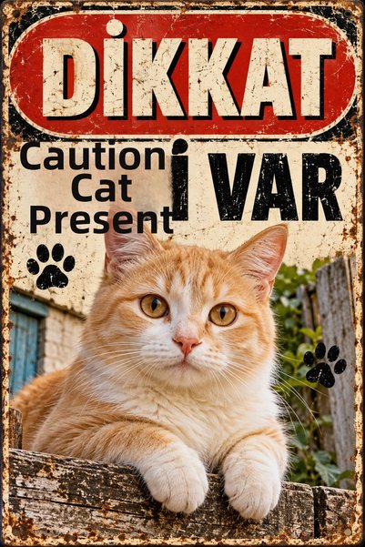 Lucena Caution There Is a Cat Cream Orange Cat Retro Metal Wall Decor 15X20 cm