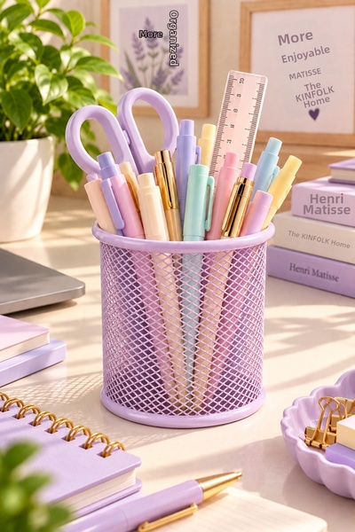 Daks Metal Mesh Pen Holder – Desktop Pen and Stationery Organizer - Purple