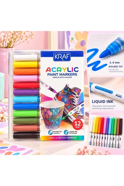 KRAF قلم طلاء أكريليك، قلم فني، قلم رسم 12 لونًا