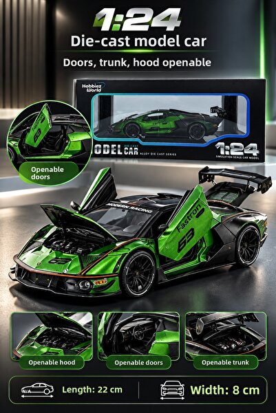 PONİKİDO 1:24 Green Metal Lamborghini Sports Car 22 cm Model Toy Car with Ope...