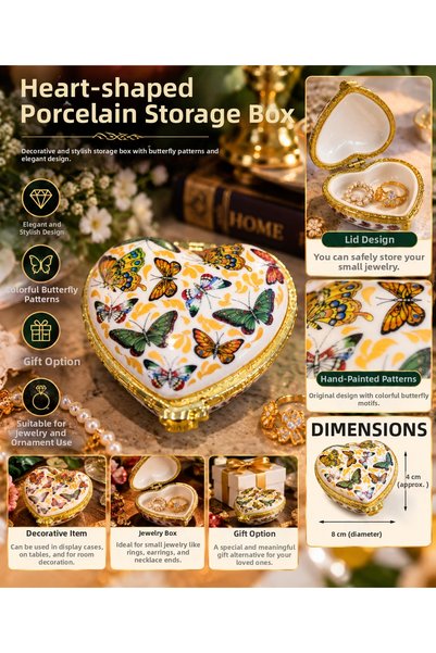 Atak Hediyelik Butterfly Patterned Heart-Shaped Porcelain Jewelry Box with Lid – 8 cm
