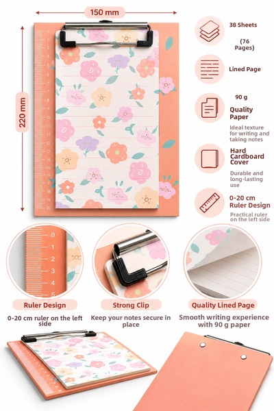 Daks Floral Patterned Secretary's Notepad 15X22 cm – 38 Sheets Lined Notepad - Blue