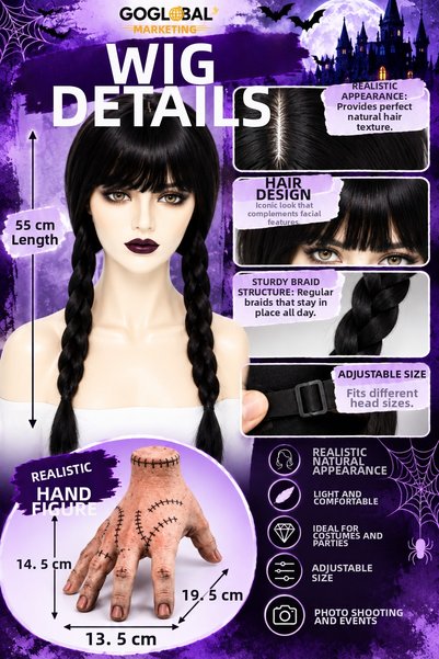 goglobal Halloween 2-Piece Costume Set Wednesday Style Double Braided Black Wig 55 cm + Stitched Hand Figure