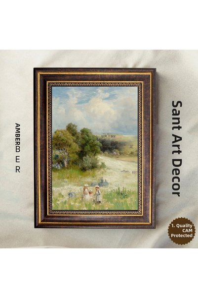 Sanart Peisaj pastoral în pășune, tablou vintage înrămat, imprimare în ulei, ...