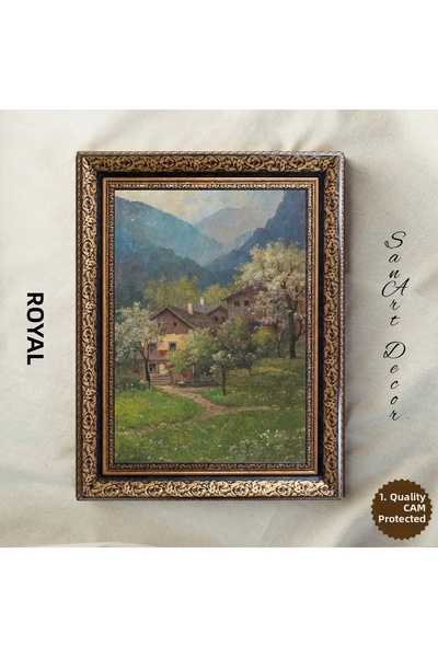 Sanart Tablou vintage cu sat încastrat în valea muntelui, imprimare în ulei, ...