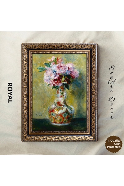 Sanart Colorful Flowers in a Patterned Vase Vintage Art Painting, Framed Wall...