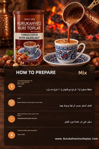 Nuri Toplar Kurukahveci Turkish Coffee with Hazelnut 250 g X 2 Tins - Roasted in Wood Fire