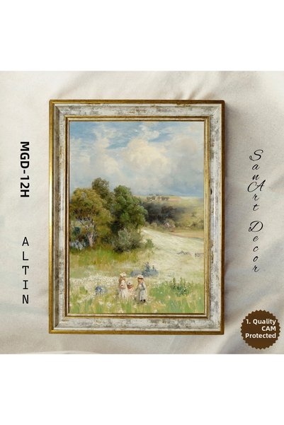 Sanart Peisaj pastoral în pășune, tablou vintage înrămat, imprimare în ulei, ...