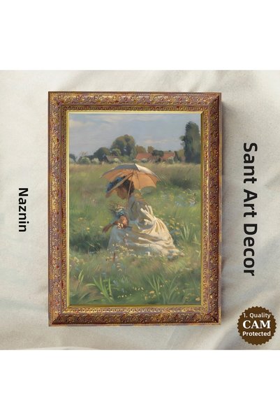 Sanart Femeie cu umbrelă pe pajiște, pictură artistică vintage, pictură de pe...