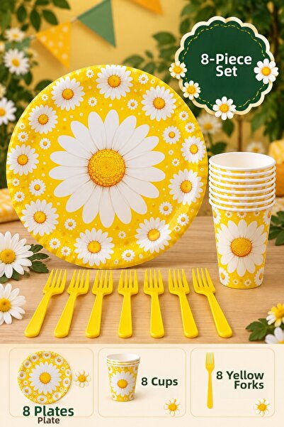 Baloncu Nene Daisy Themed Birthday Party Set for 8 People 22 cm Plates Cups Y...