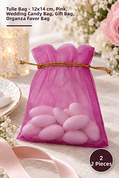 Yenilig 2 pungi din tul – 12X14 CM fucsia, pungă pentru bomboane de nuntă, pu...