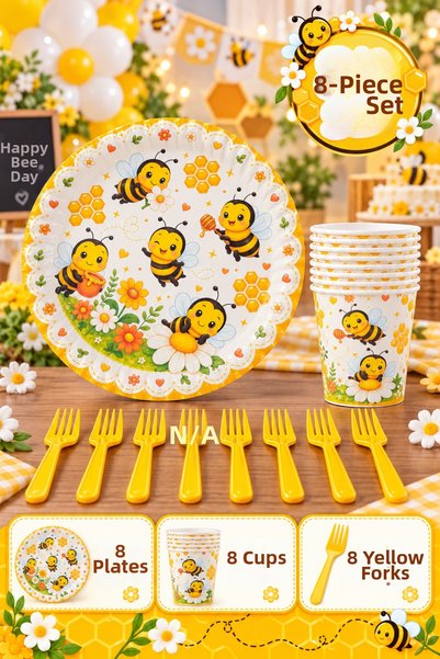 Baloncu Nene Bee Themed Birthday Party Set for 8 People 22 cm Plates Cups Yel...
