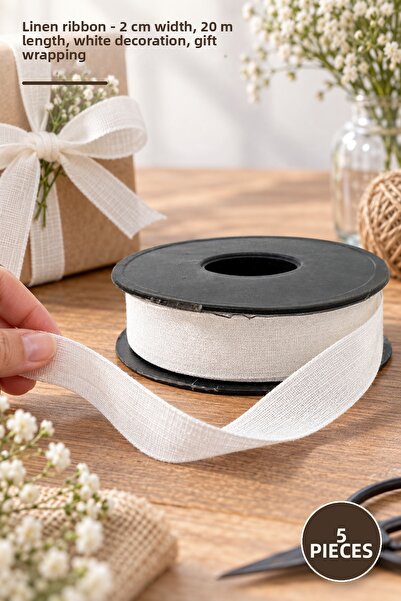 Yenilig 5 Pieces of Linen Ribbon – 2 cm Width 20 m Length White Decoration Gi...