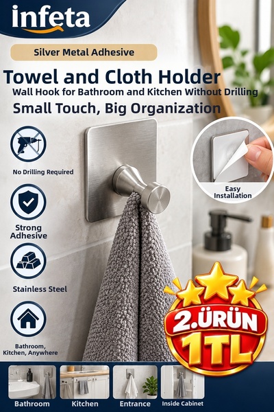 İnfeta Silver Metal Adhesive Towel Cloth Hanger Wall Hanger for Bathroom Kitc...