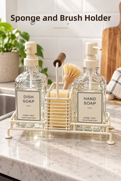Kitchen Line Duonest Glass Liquid Soap Dispenser and Detergent Dispenser Set with Stand 2 × 500 ml Countertop Organizer with Pump and Sponge Compartment
