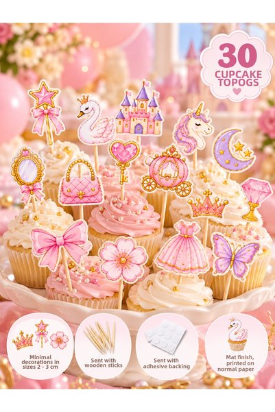 Hayali Çizgili Princess Themed Cupcake Decorations 30 Pieces – Girl's Birthday Cake and Toothpick Decorations