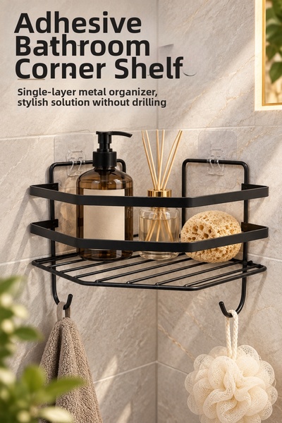 KaktüsKedi Adhesive Matte Black Bathroom Corner Shelf - Rustproof Metal, No D...