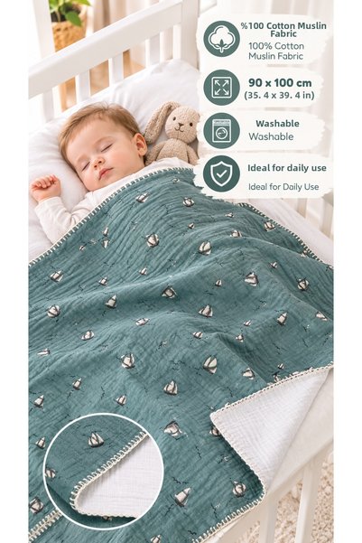 bambella home Baby Blanket 90X100 cm Muslin Fabric Sailing Ship Bottom Openin...