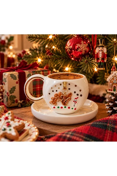 Ceresshop Christmas Themed Handmade Ceramic Cup with Letter Charms (Specify the Letter You Want in the Message after Ordering)