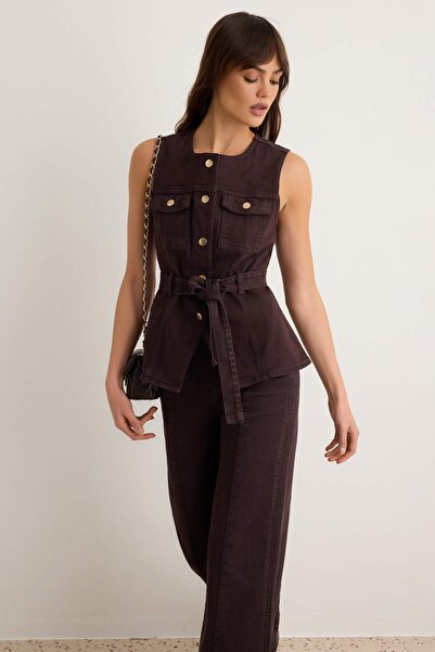 Trendyol Collection Brown Belted Denim Vest with Pocket Detail Twoss26Ye00026