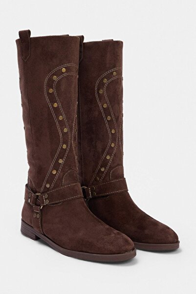 TRENDYOL SHOES Dark Brown Suede Trok Detailed Women's Boots Takaw27Cz00025