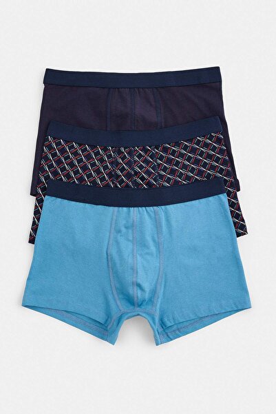 Trendyol Collection Blue 3 Pack 1 Patterned 2 Plain Stretch Cotton Boxer Tmna...
