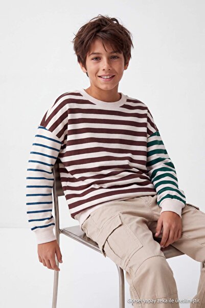 TRENDYOLKIDS Brown Cotton Thick Striped Knitted Sweatshirt Tkdaw27Sw00067