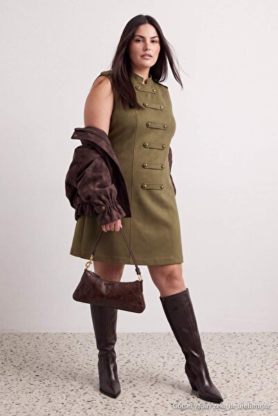 Trendyol Curve Khaki Napoleon Mini Woven Plus Size Dress Tbbaw27Ah00078