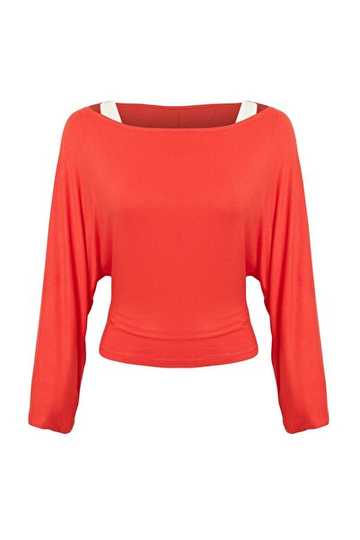 Trendyol Collection بلوزة حمراء شفافة من طبقتين محبوكة بخصر مطاطي/ملتصقة بالج...