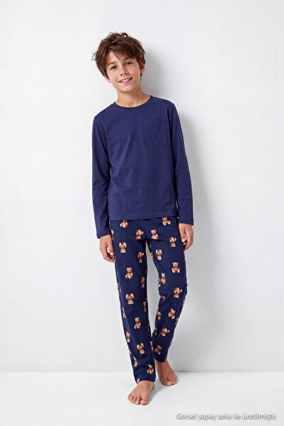 TRENDYOLKIDS Navy Blue 100% Cotton Boys' Pajama Set Tkdaw27Pt00037