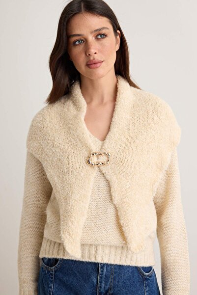 Trendyol Collection Stone Textured Oversized Sweater with Detachable Shawl Tw...