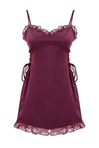Trendyol Collection Plum 100% Polyester Plain Satin Woven Nightgown Thmaw27Gc...