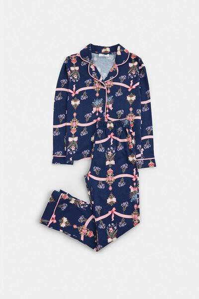 TRENDYOLKIDS Navy Blue Girls' Printed Pajama Set Tkdaw27Pt00051