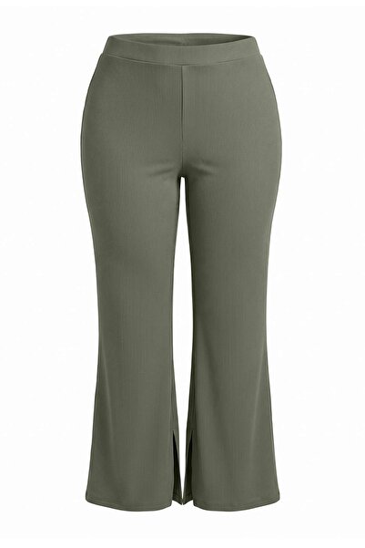 Trendyol Curve Khaki Spanish Flare Slit Knitted Plus Size Trousers Tbbaw23Ar0...