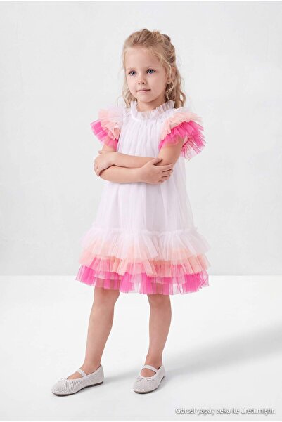 TRENDYOLKIDS Rochie albă din tul pentru fetițe, pentru ziua de naștere/petrec...