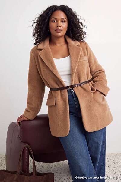 Trendyol Curve Mink Belted Furry Cashmere Regular/Normal Fit Blazer Blazer Ja...