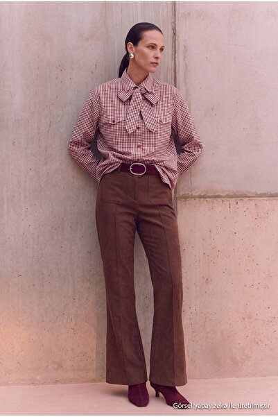 Trendyol Collection Brown-Multicolor Gingham Contrast Button Detailed Shirt T...