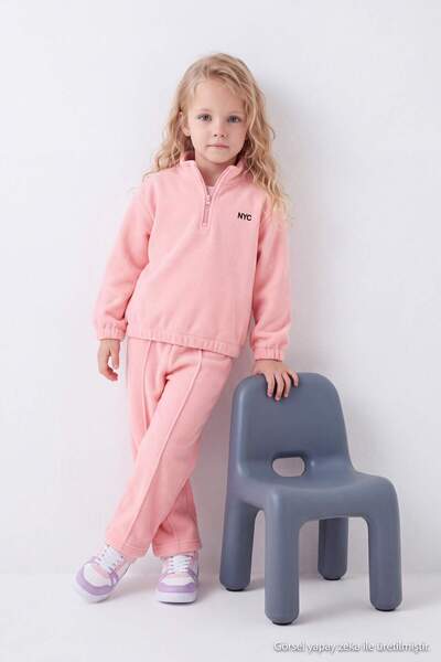 TRENDYOLKIDS Pudra Polar Girl's Plain Knitted Sweatshirt and Sweatpants - Top...