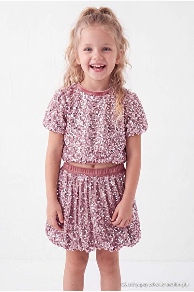 TRENDYOLKIDS Σετ πλεκτό για κορίτσια με παγιέτες και στρας - Τοπ και παντελόν...