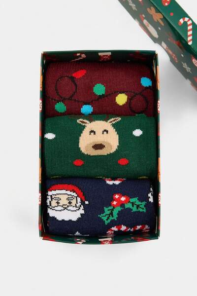 Trendyol Collection Green-Multicolor 3-Piece New Year's Jacquard Knitted Sock...