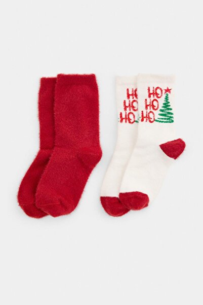 Trendyol Kollektion Rot-Ecru 2-teilige Jacquard-Stricksocken für den Neujahrs...